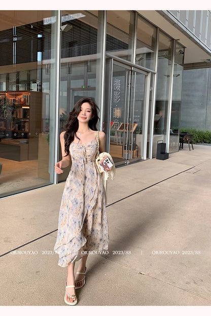 French Style Waisted Gentle Floral dress Women's Seaside Beach Vacation Fairy dress Elegant Pure Slip Dress