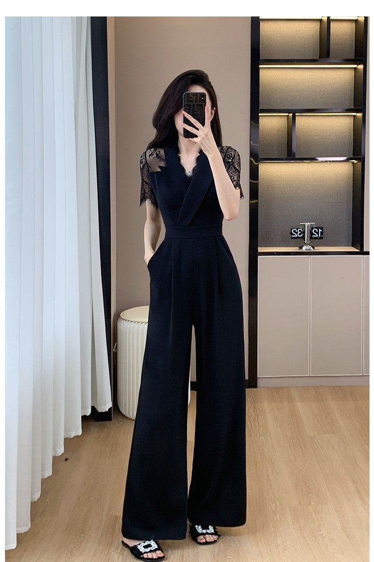 Cross-border High Leng Yujie Style Pants Women's Summer Short-sleeved High Waist Lace Stitching Hollow-out Pants Straight Pants