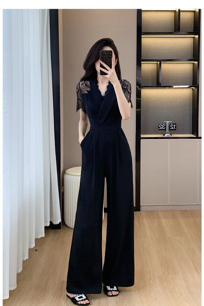 Cross-border High Leng Yujie Style Pants Women's Summer Short-sleeved High Waist Lace Stitching Hollow-out Pants Straight Pants