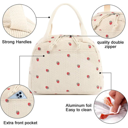 Cross-Border New Product Corduroy Printed Portable Lunch Bag Large Capacity Travel Picnic Ice Bag Work Insulation Bag