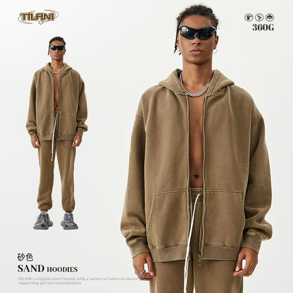 TILANI men's sweater cardigan fleece-lined thickened zipper coat 360g washed vintage waxed casual hoodie
