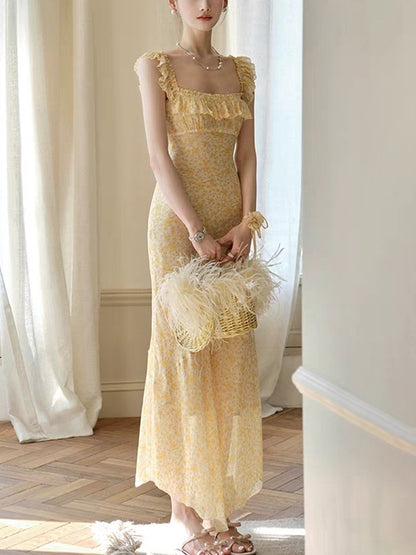 Midsummer Oil Painting Series & High-set Oblique Cut Mid-length French Printed Sling dress
