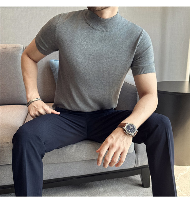Tiktok Taobao Dropshipping Men's Short-Sleeve Knitwear, Fashionable Versatile Half-Turtleneck Slim-Fit Half-Sleeve Sweater Base Shirt