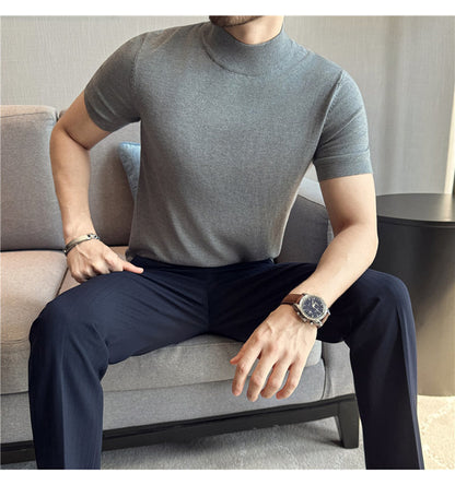 Tiktok Taobao Dropshipping Men's Short-Sleeve Knitwear, Fashionable Versatile Half-Turtleneck Slim-Fit Half-Sleeve Sweater Base Shirt