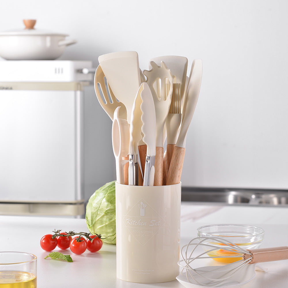 Wholesale Wooden Handle Silicone Kitchenware 12 Pieces suit Household Non-Stick Cooking High Temperature Resistant Cooking Silicone Spoon suit