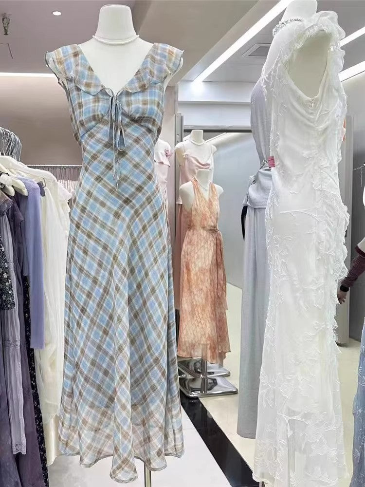 Fashion New Summer French Elegant Temperament Gentle Ruffled Plaid Dress Women's Summer Slimming Age-Reducing Long Dress
