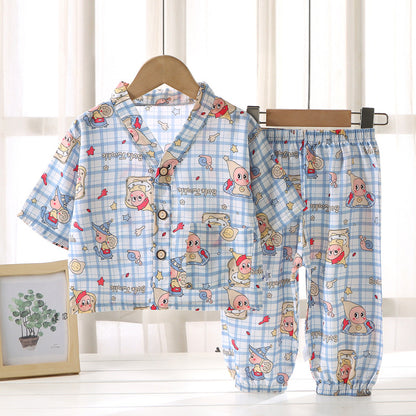 Children's Home Clothes Cotton Silk Suit Summer Boys and Girls Pajamas Artificial Cotton Two-Piece Set Cotton Silk Air-Conditioned Clothes Kidsren's Clothing
