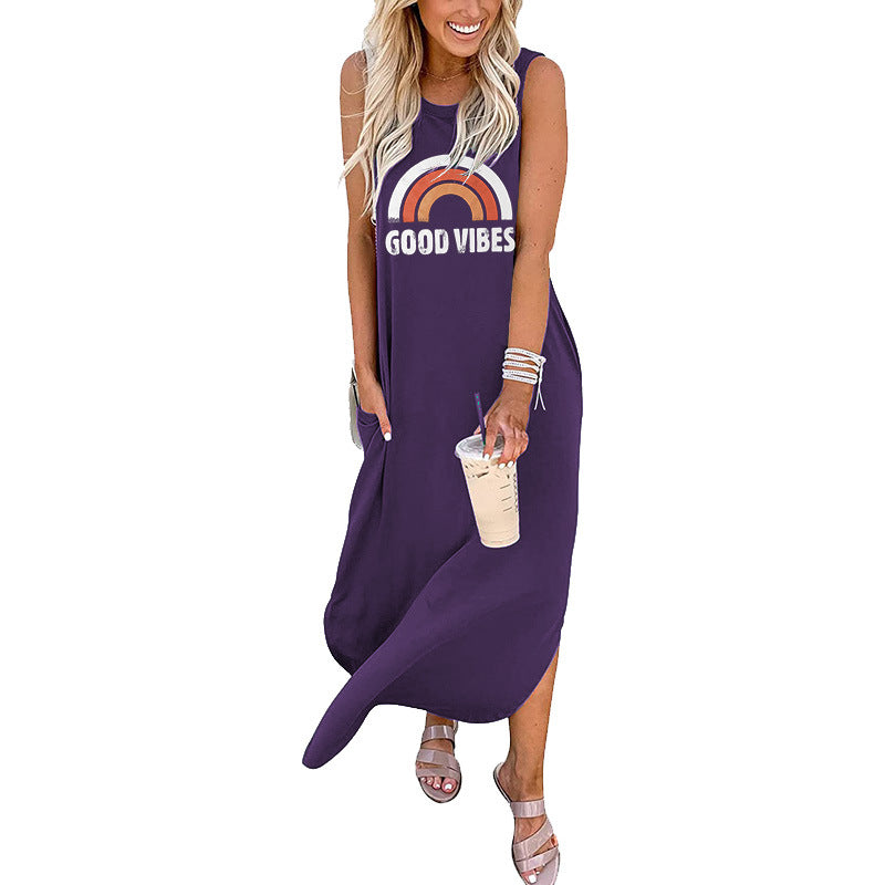 Spot Amazon Independent Station Ebay Women's Dress Good Vibes Rainbow Flap Pocket Pants Casual Sleeveless Long Skirt