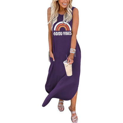 Spot Amazon Independent Station Ebay Women's Dress Good Vibes Rainbow Flap Pocket Pants Casual Sleeveless Long Skirt