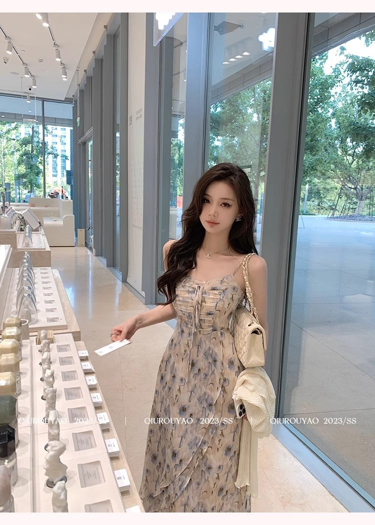 French Style Waisted Gentle Floral dress Women's Seaside Beach Vacation Fairy dress Elegant Pure Slip Dress