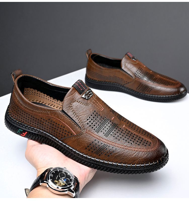 [Broken Size Processing] Leather Shoes Men's Genuine Leather Hole Shoes Dad Shoes Summer Soft Bottom Breathable Lazy Bean Shoes