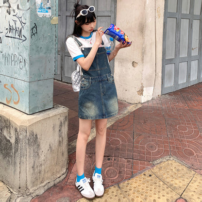 YC & American Retro Sweet Girl Strap Skirt A- line Skirt Slimming Joker dress Denim Skirt Spring and Summer