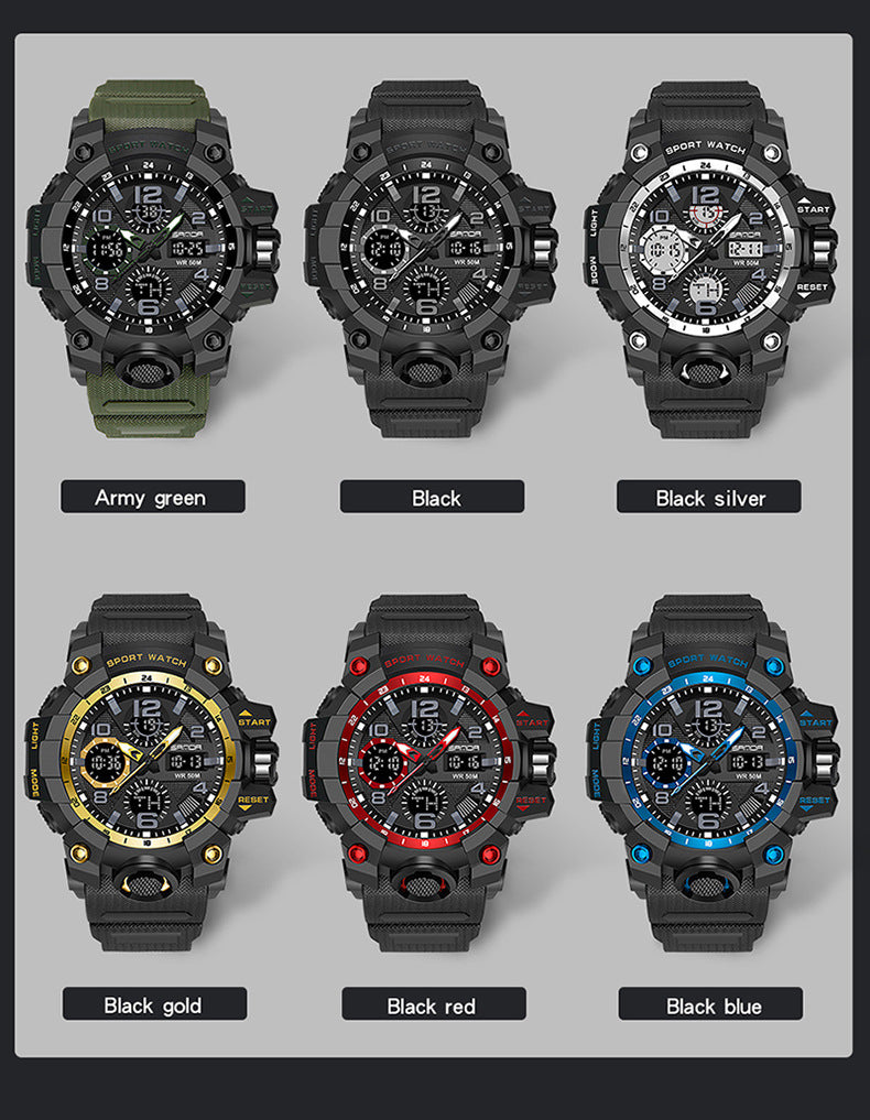 Sanda Hot-Selling Watch Korean Version Student Party Multi-Functional Waterproof Alarm Clock Electronic Watch Cool Dual Display Luminous Sports Watch by PDG ibma