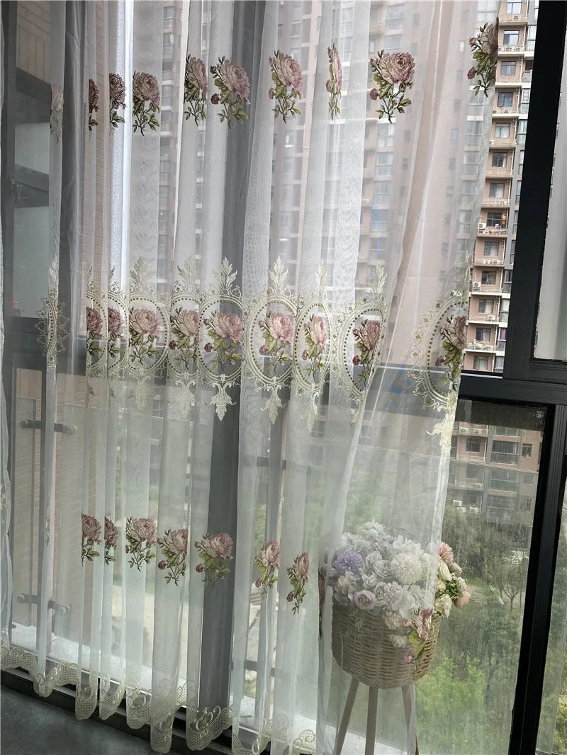 American Luxury Peony Embroidery Tulle Curtains for Living Room European Elegant Flower Embroidered Sheer Voile Bedroom Window