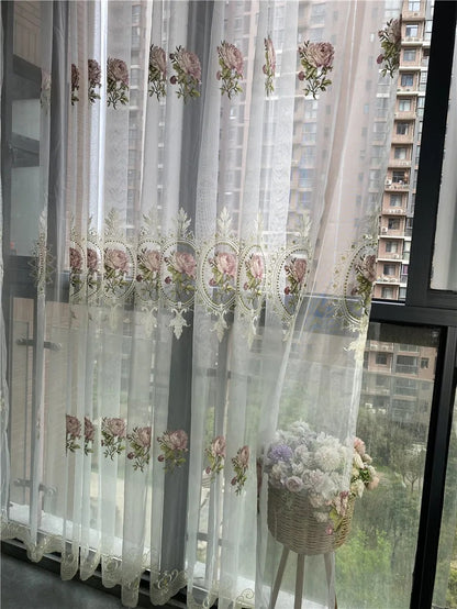 American Luxury Peony Embroidery Tulle Curtains for Living Room European Elegant Flower Embroidered Sheer Voile Bedroom Window