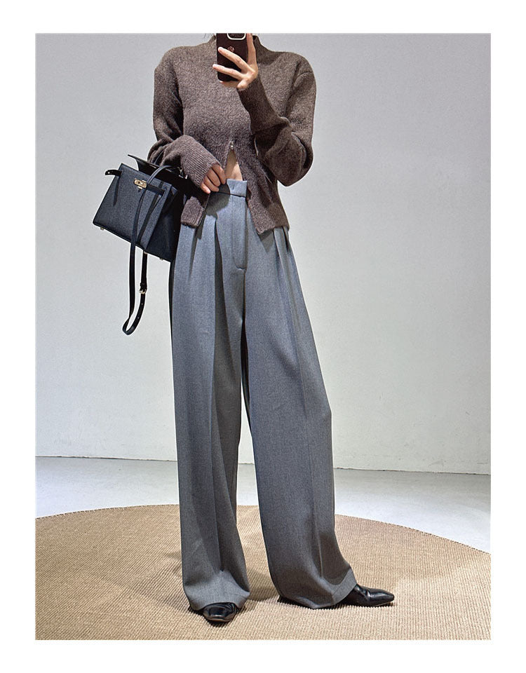 Spring and Autumn New Style Old Money Style Brown Coffee Color Suit Pants for Women, Wide-Leg Pants with Drape Effect, Slimming, Extended Length for Tall Individuals, Straight-Leg Pants