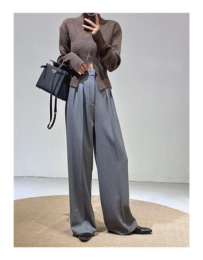 Spring and Autumn New Style Old Money Style Brown Coffee Color Suit Pants for Women, Wide-Leg Pants with Drape Effect, Slimming, Extended Length for Tall Individuals, Straight-Leg Pants