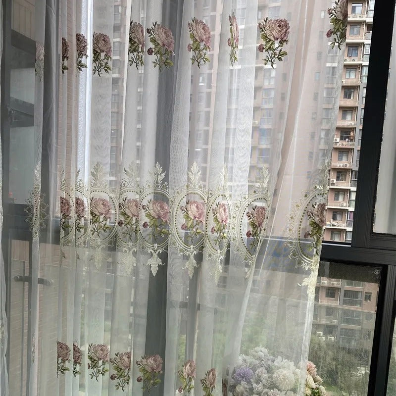 American Luxury Peony Embroidery Tulle Curtains for Living Room European Elegant Flower Embroidered Sheer Voile Bedroom Window