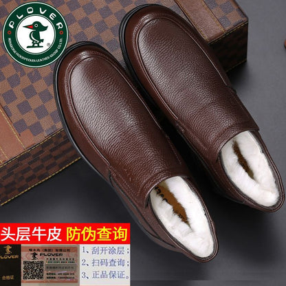 [First layer of cowhide] autumn and winter genuine leather wool cotton shoes men plus velvet padded warm dad shoes