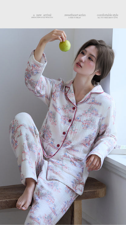 New Cotton Thickened Edge Four-Layer Gauze Women's Pajamas Cotton Warm Long-Sleeved Home Clothes for Autumn and Winter suit
