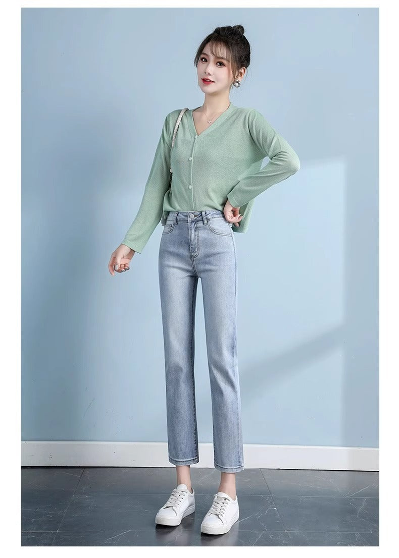Light-Colored Straight-Leg Jeans for Women, 2026 Spring New Trendy High-Waisted Slimming Pants, Petite Cropped Cigarette Pants