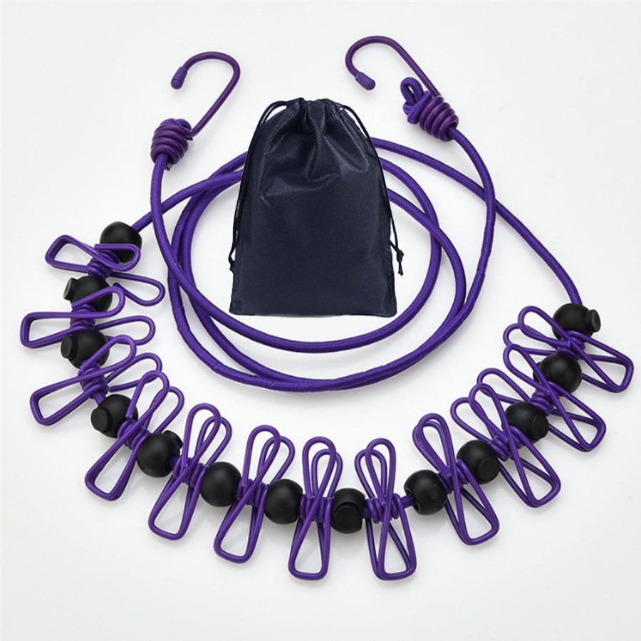 Creative Outdoor Elastic Windproof Clothesline with Positioning Buckle Korean Style Clothesline with Windproof Clip 12 Clips