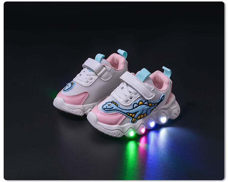 Spring New Style Dinosaur Led Light Sneakers for Boys and Girls Spring & Fall New Mesh Breathable Casual Light Shoes for Children and Middle-Aged Children