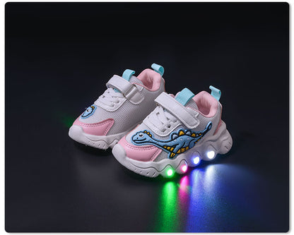 Spring New Style Dinosaur Led Light Sneakers for Boys and Girls Spring & Fall New Mesh Breathable Casual Light Shoes for Children and Middle-Aged Children