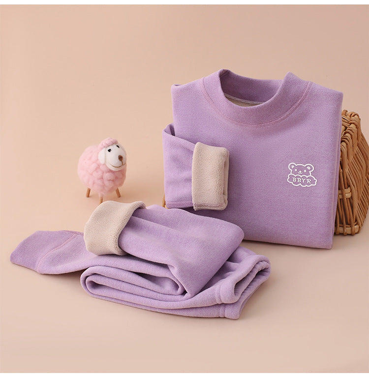 Autumn and winter fleece-lined children's clothing large children's mid-collar autumn pants children's inner warm bottoming shirt children's home clothing suit