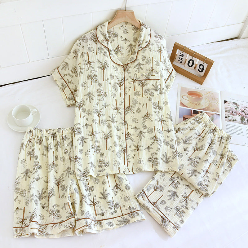 Various Style Spring and Summer Cotton Crepe Pajamas Sweet Three-Piece Short-Sleeved Trousers Spring and Autumn Loose Casual suit