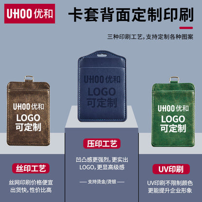 High-End Genuine Leather Card Holder with Company Logo Printing, Leather Name Badge, Employee Id Card, Access Card Holder