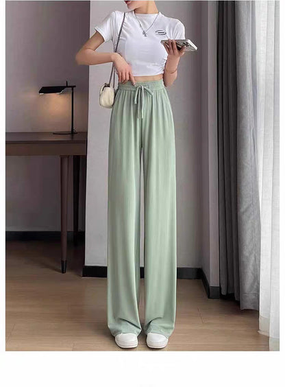 Ice Silk Wide-Leg Pants for Women, Summer Thin High-Waisted Drape Cool Mosquito-Proof Sun-Protective Casual Versatile Floor-Length Straight Pants