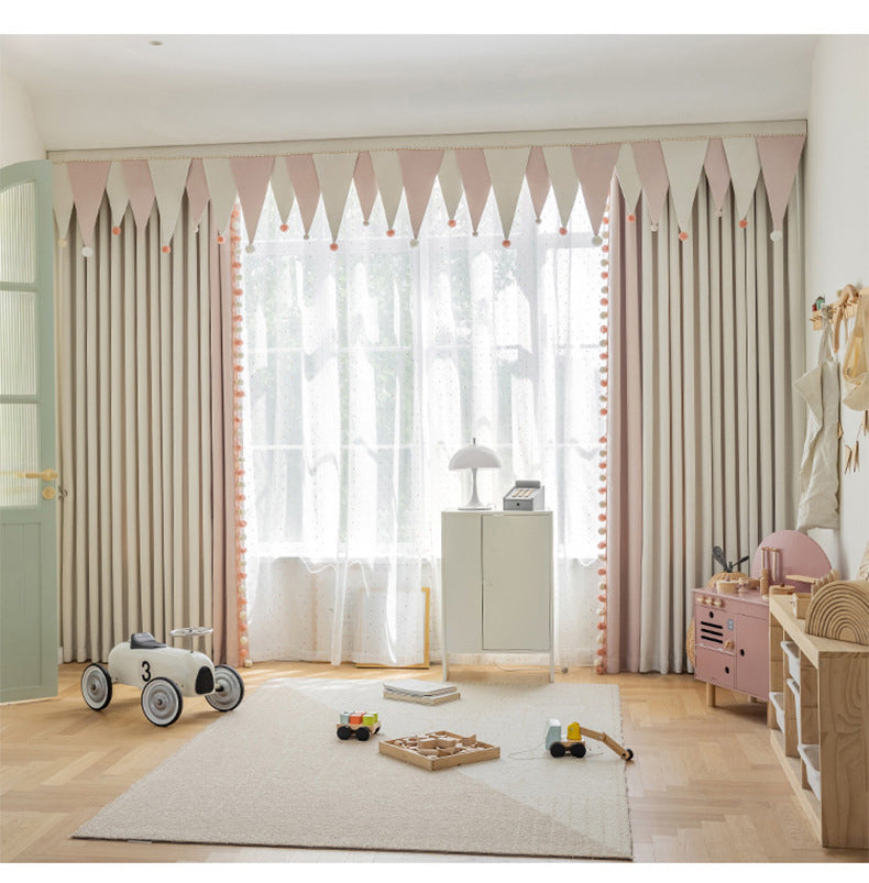 Cream-Colored Chenille Blackout Curtains for Children's Room, Sleeping Beauty Style, with Pom-Pom Design, Custom-Made Finished Product