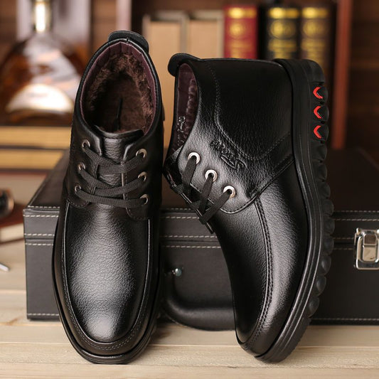 Winter cotton shoes men's leather fleece-lined thick warm high-top non-slip soft bottom middle-aged and elderly cotton shoes dad shoes by PDG ibma