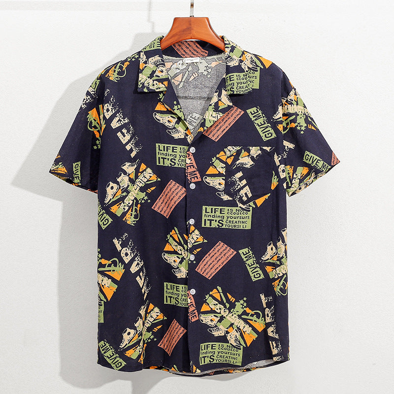 Summer new cotton and linen printed five-point men's beach pants casual sports loose plus size shorts men's thin fashion