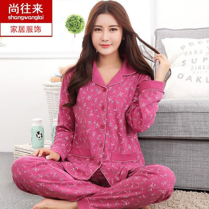 Autumn and Winter Women's 100 Pure Cotton Pajamas Women's Loose Cardigan for Middle-aged and Elderly Mothers Spring and Autumn Long-sleeved Casual Home Clothes