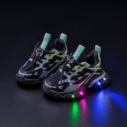 Boys' Breathable Luminous Sports Double Mesh Shoes 2024 Spring and Autumn New Children's Letters Casual LED Lighting Running Shoes