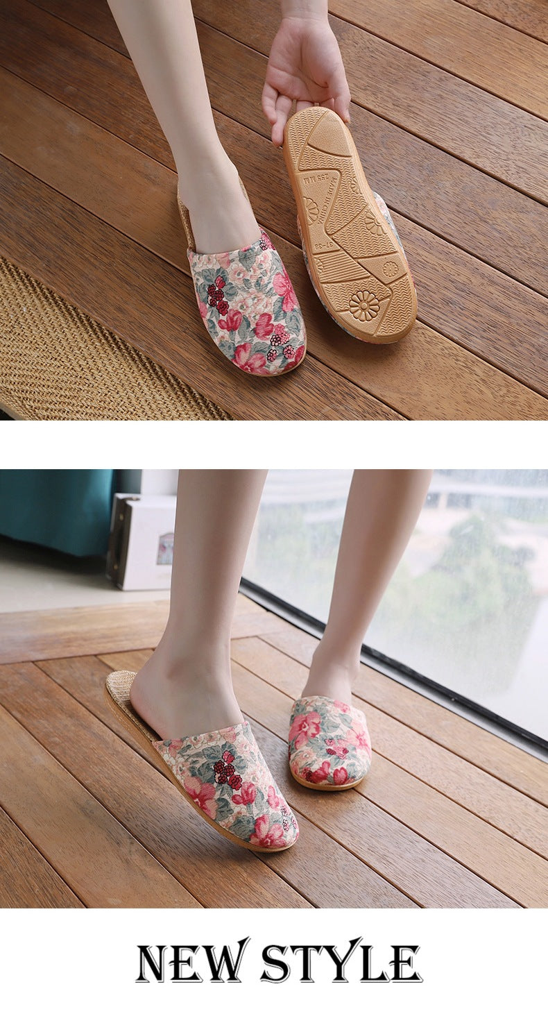 Baotou Spring & Fall Indoor Comfortable and Breathable Linen All Year Round Home Fabric Sandals for Women and Couples Floor Soft Bottom Home