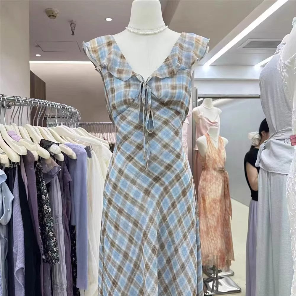 Fashion New Summer French Elegant Temperament Gentle Ruffled Plaid Dress Women's Summer Slimming Age-Reducing Long Dress