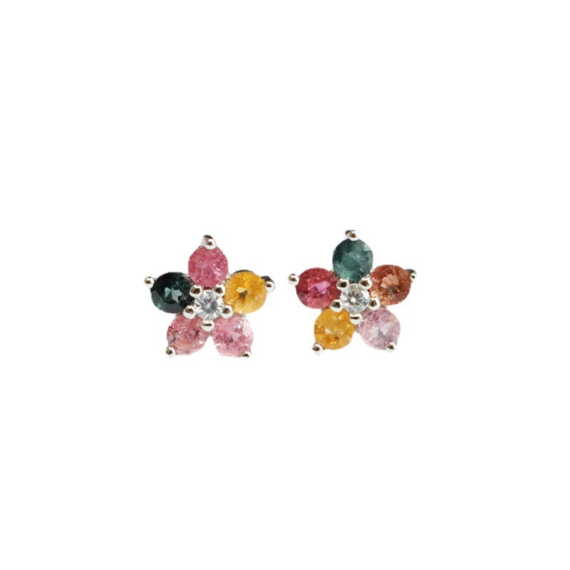 Guan Yu S925 Silver Needle Natural Tourmaline Earrings Flower Ear Hooks Gemstone Factory Wholesale Dropshipping S2053101