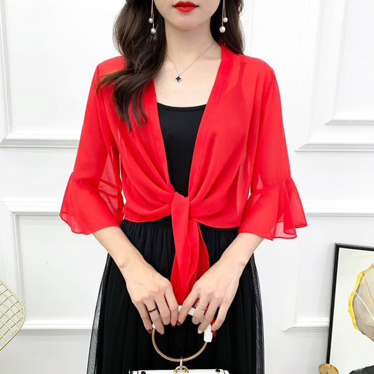 Sunscreen Cardigan Women's Spring and Summer Shawl Outer Blouse Thin Jacket with Sling Skirt Chiffon Small Waistcoat by PDG ibma