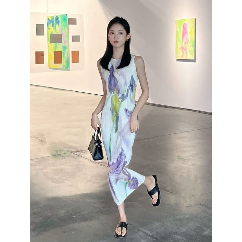 In Stock Miyake Dress Printed Elegant Elegant High-End Loose Slimming Look Elegant Round Neck Sleeveless Pleated Skirt