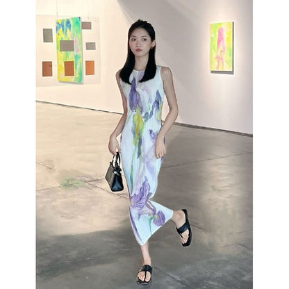 In Stock Miyake Dress Printed Elegant Elegant High-End Loose Slimming Look Elegant Round Neck Sleeveless Pleated Skirt