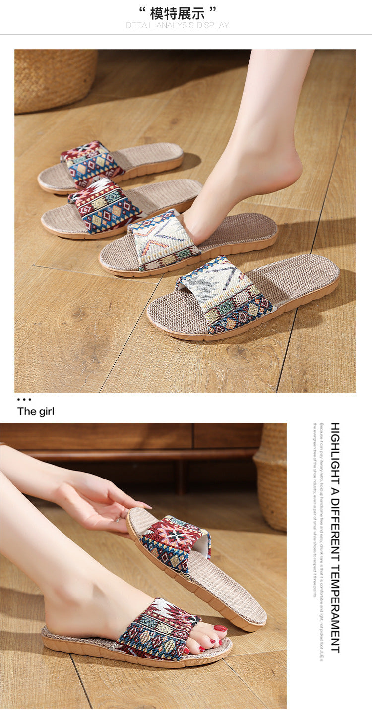 Four Seasons Home Linen Slippers Fashion Printed Thick Sole Non-Slip Sweat-Absorbent Wear-Resistant Large Sole Couple Linen Slippers Ethnic Style