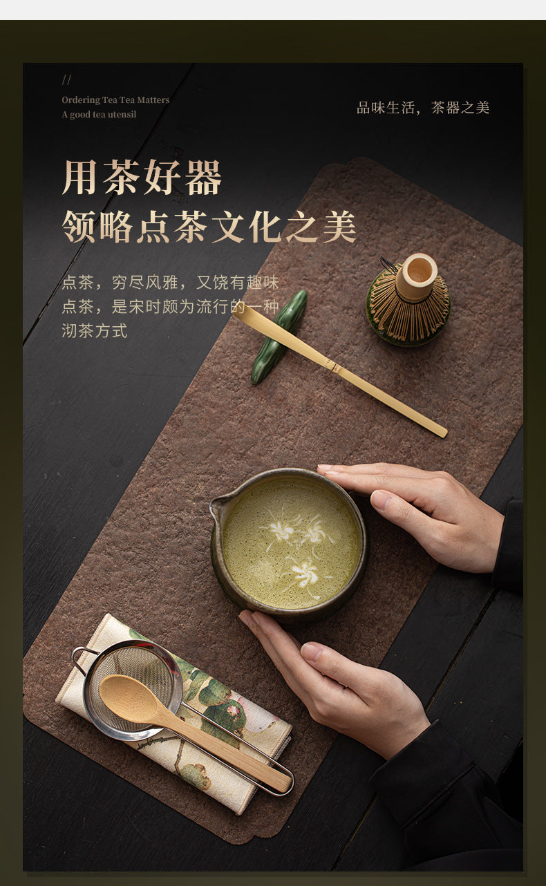 Yao Bian Bamboo Style Ceramic Matcha Four-Piece Set Japanese Matcha Making Tools Tea Bowl Tea Whisk Stand Tea Brush Tea Spoon Accessories