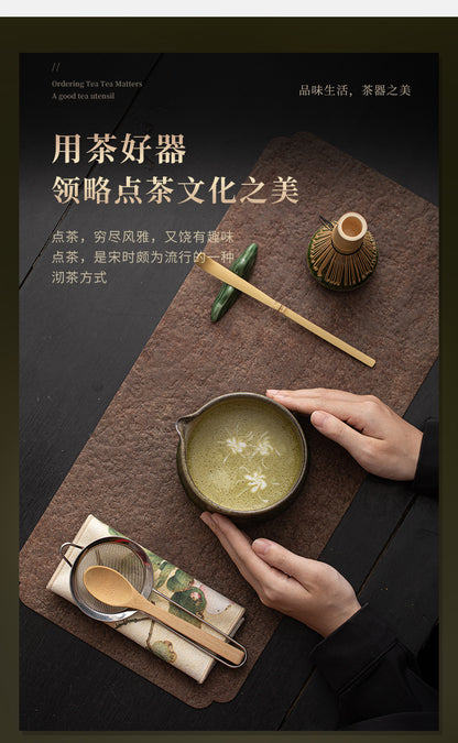 Yao Bian Bamboo Style Ceramic Matcha Four-Piece Set Japanese Matcha Making Tools Tea Bowl Tea Whisk Stand Tea Brush Tea Spoon Accessories