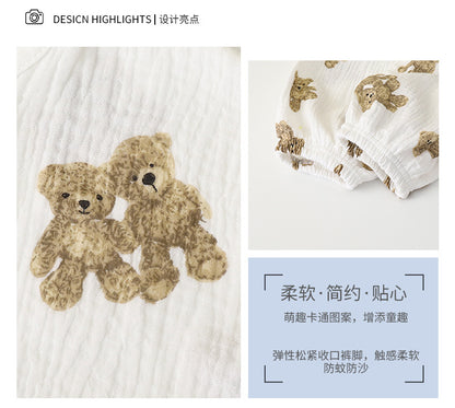 Children's Thin Double-Layer Gauze Pajamas Two-Piece Set Summer Girls Home Clothes Baby Boy Long-Sleeved Bloomers Set