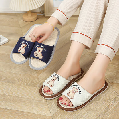 Bear Style Indoor Linen Slippers for Women Summer Home Non-Slip Women's Spring & Fall Seasons Fabric Floor Mops
