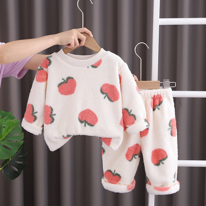 Free Shipping Yukids Kidsren's Autumn and Winter Home Clothes Set for Men and Women Baby Flannel Fruit Warm Two-Piece Set
