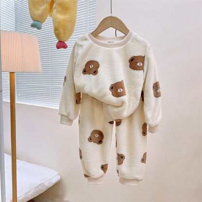 Men's and Women's Flannel Pajamas suit Autumn and Winter Middle and Big Children's Warm fleece-lined Thickened Autumn Clothes and Pants Home Clothes